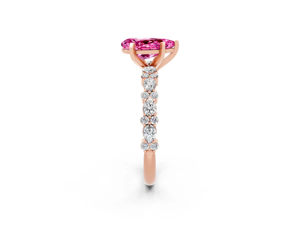 Rose gold Pear Cut Pink Sapphire Side Stone Solitaire Ring with Round  and Four-Prong Setting