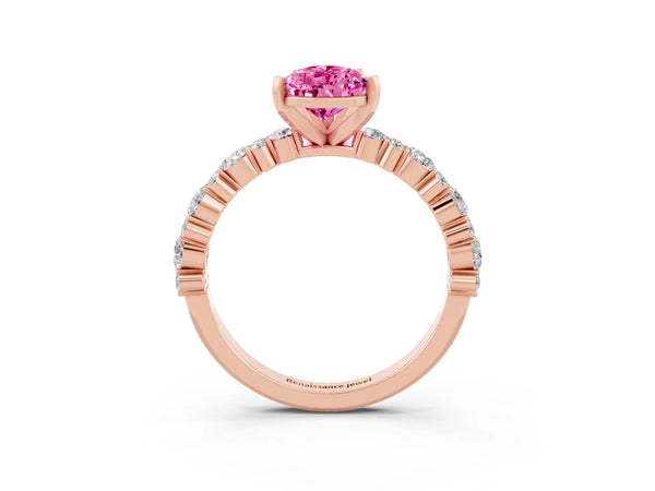 Rose gold Pear Cut Pink Sapphire Side Stone Solitaire Ring with Round  and Four-Prong Setting