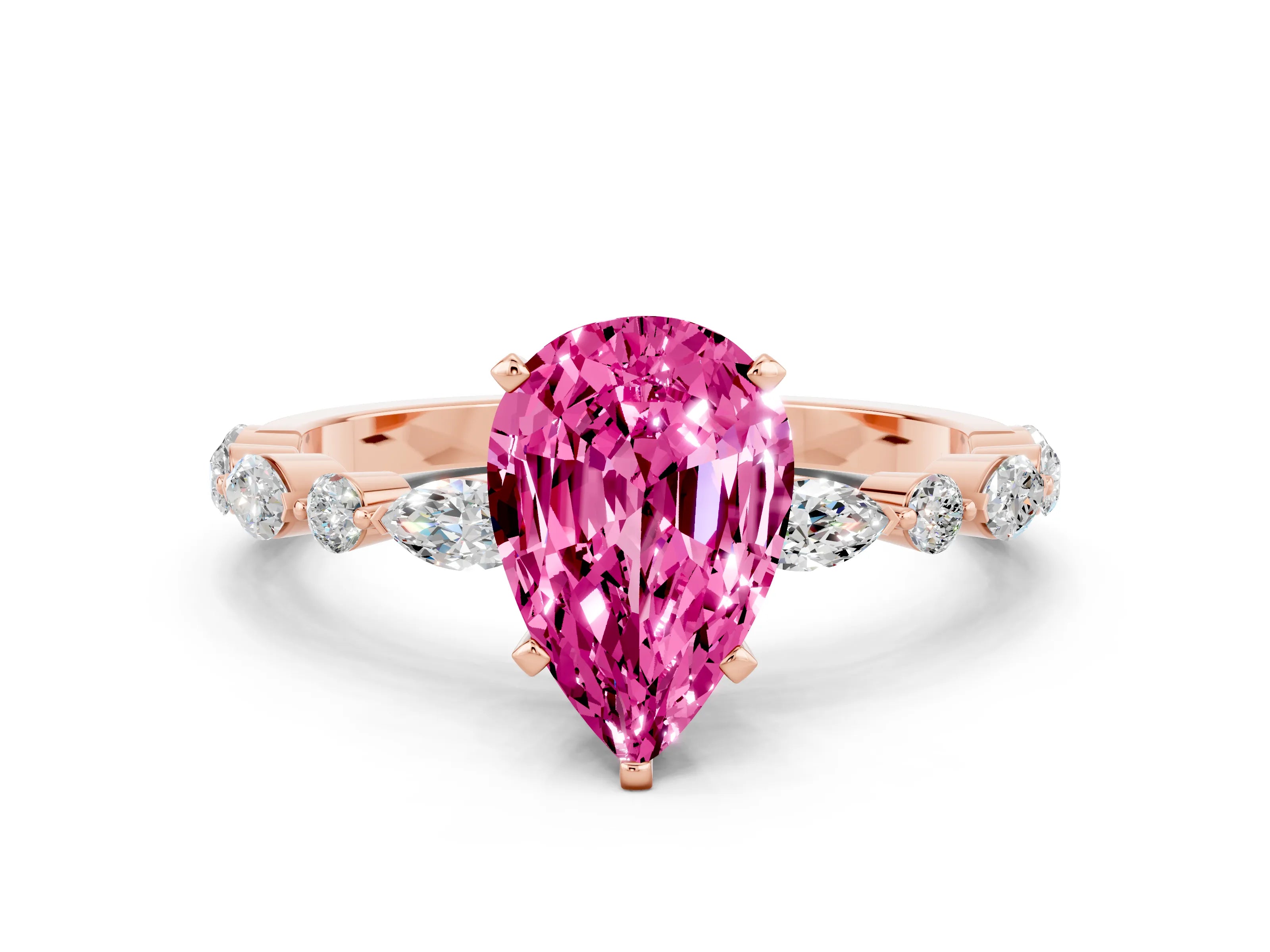 Rose gold Pear Cut Pink Sapphire Solitaire with Side Stones on a Pavé Band and Four-Prong Setting_24