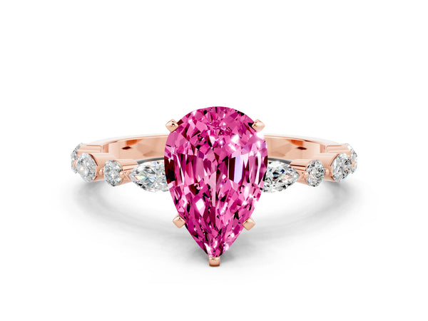 Rose gold Pear Cut Pink Sapphire Ring with Marquise and Round  Side Stones and Four-Prong Setting