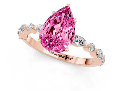 Rose gold Pear Cut Pink Sapphire Solitaire with Side Stones on a Pavé Band and Four-Prong Setting_25
