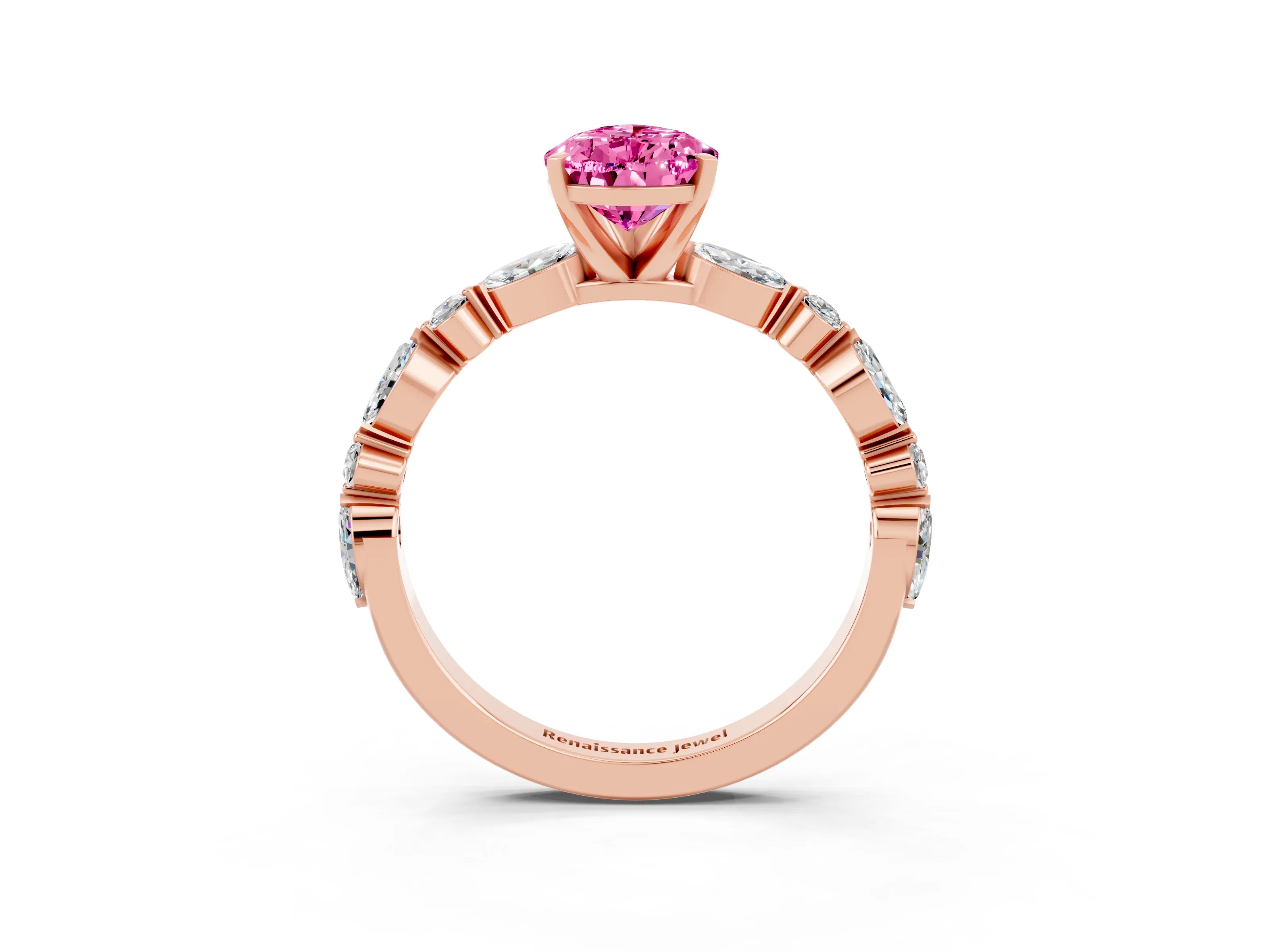 Rose gold Pear Cut Pink Sapphire Solitaire with Side Stones on a Pavé Band and Four-Prong Setting_27