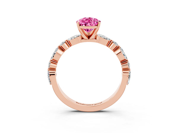 Rose gold Pear Cut Pink Sapphire Ring with Marquise and Round  Side Stones and Four-Prong Setting