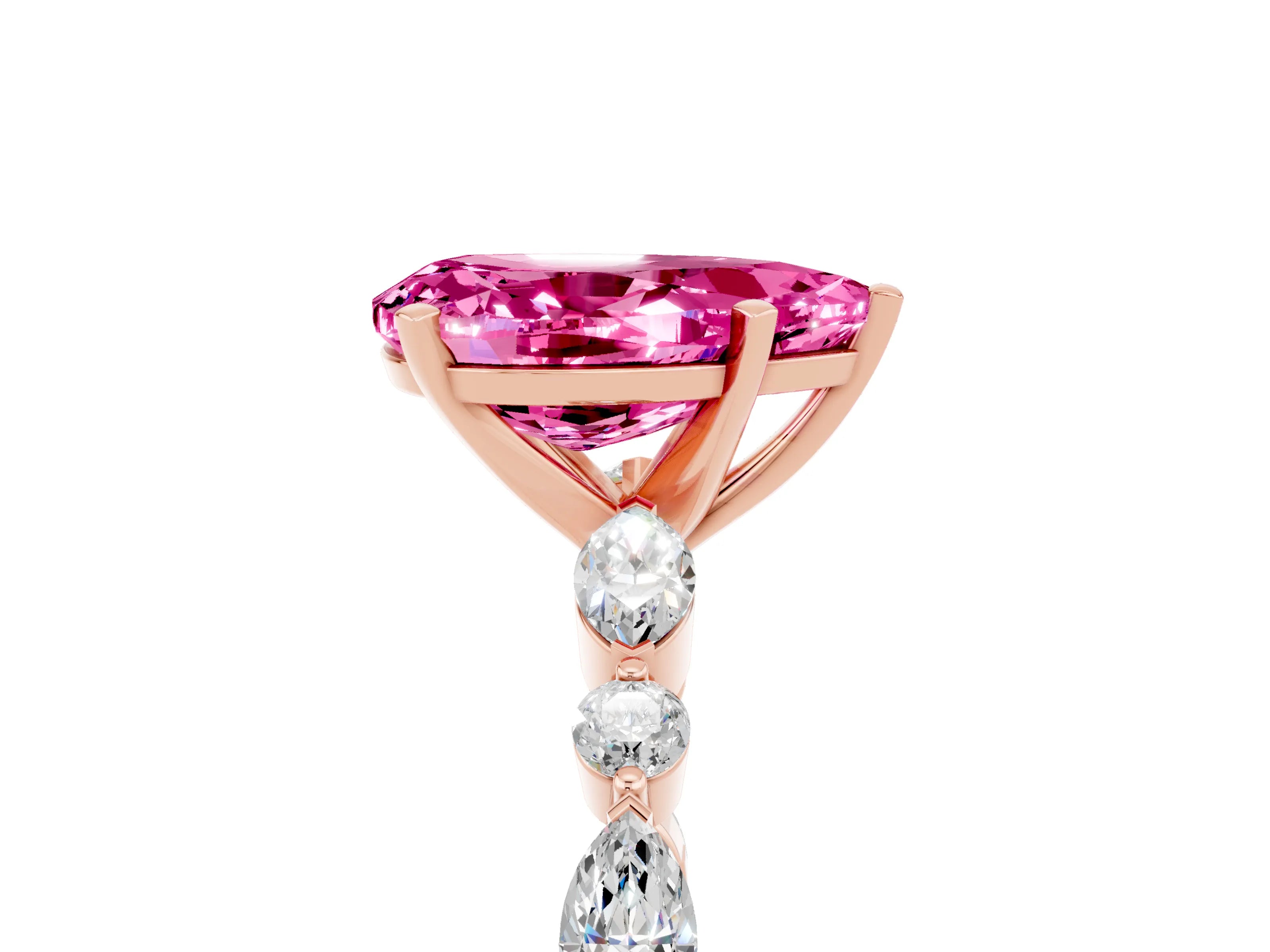 Rose gold Pear Cut Pink Sapphire Solitaire with Side Stones on a Pavé Band and Four-Prong Setting_29