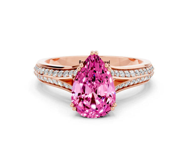 Rose gold Pear Cut Pink Sapphire Split Shank Engagement Ring with Pavé Band