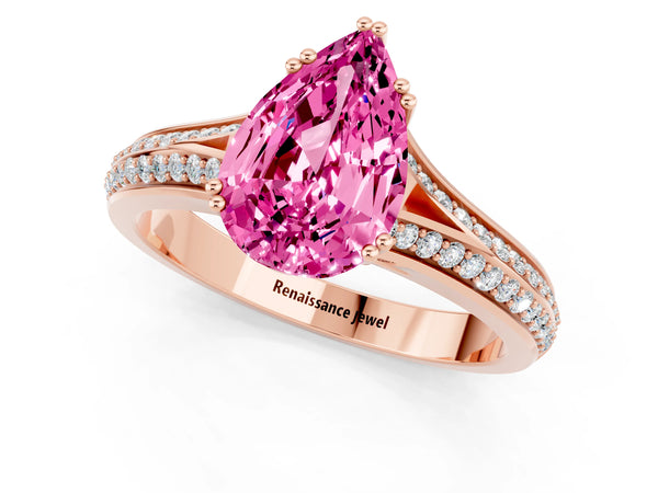 Rose gold Pear Cut Pink Sapphire Split Shank Engagement Ring with Pavé Band