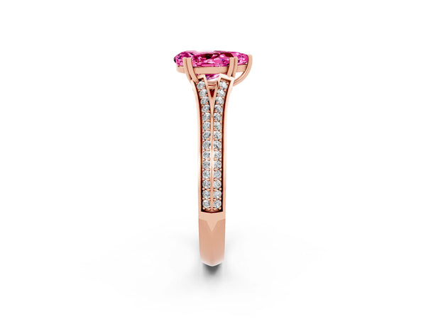 Rose gold Pear Cut Pink Sapphire Split Shank Engagement Ring with Pavé Band