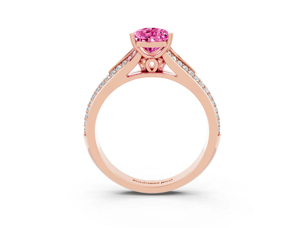 Rose gold Pear Cut Pink Sapphire Split Shank Engagement Ring with Pavé Band