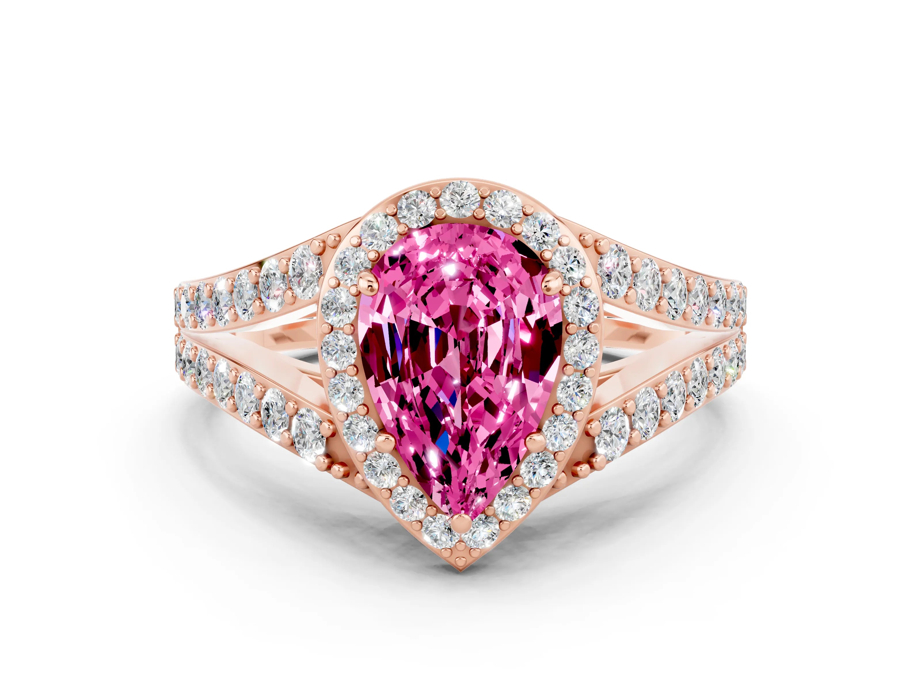 Rose gold Pear Cut Pink Sapphire Split Shank Halo Ring with Four-Prong Setting_12
