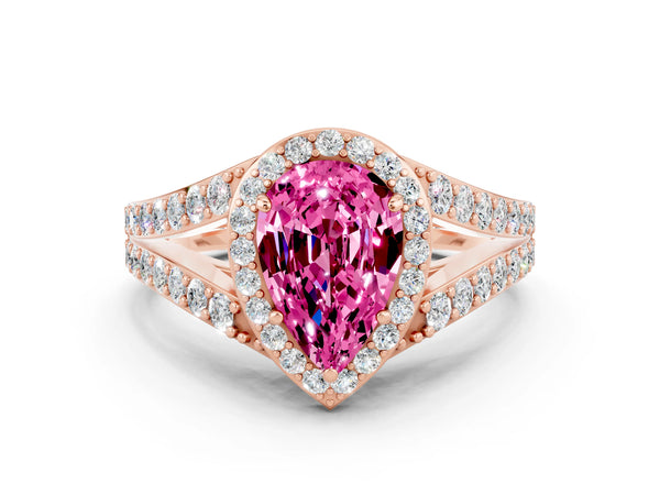 Rose gold Pear Cut Pink Sapphire Split Shank Halo Ring with Four-Prong Setting