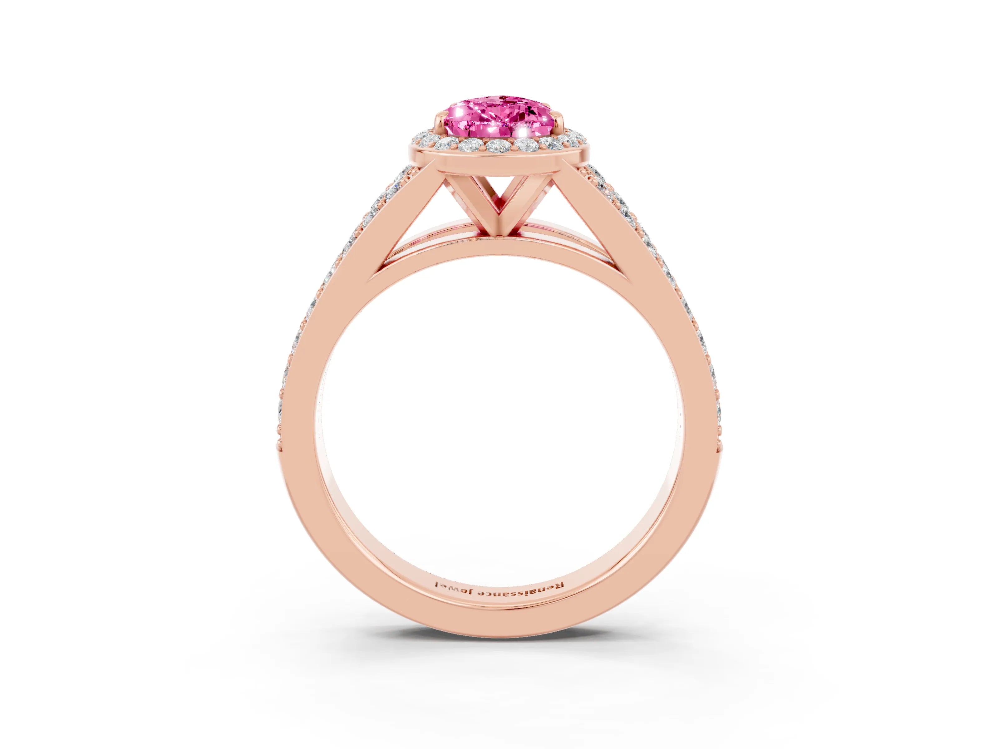 Rose gold Pear Cut Pink Sapphire Split Shank Halo Ring with Four-Prong Setting_15