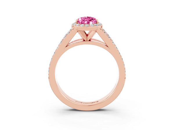 Rose gold Pear Cut Pink Sapphire Split Shank Halo Ring with Four-Prong Setting