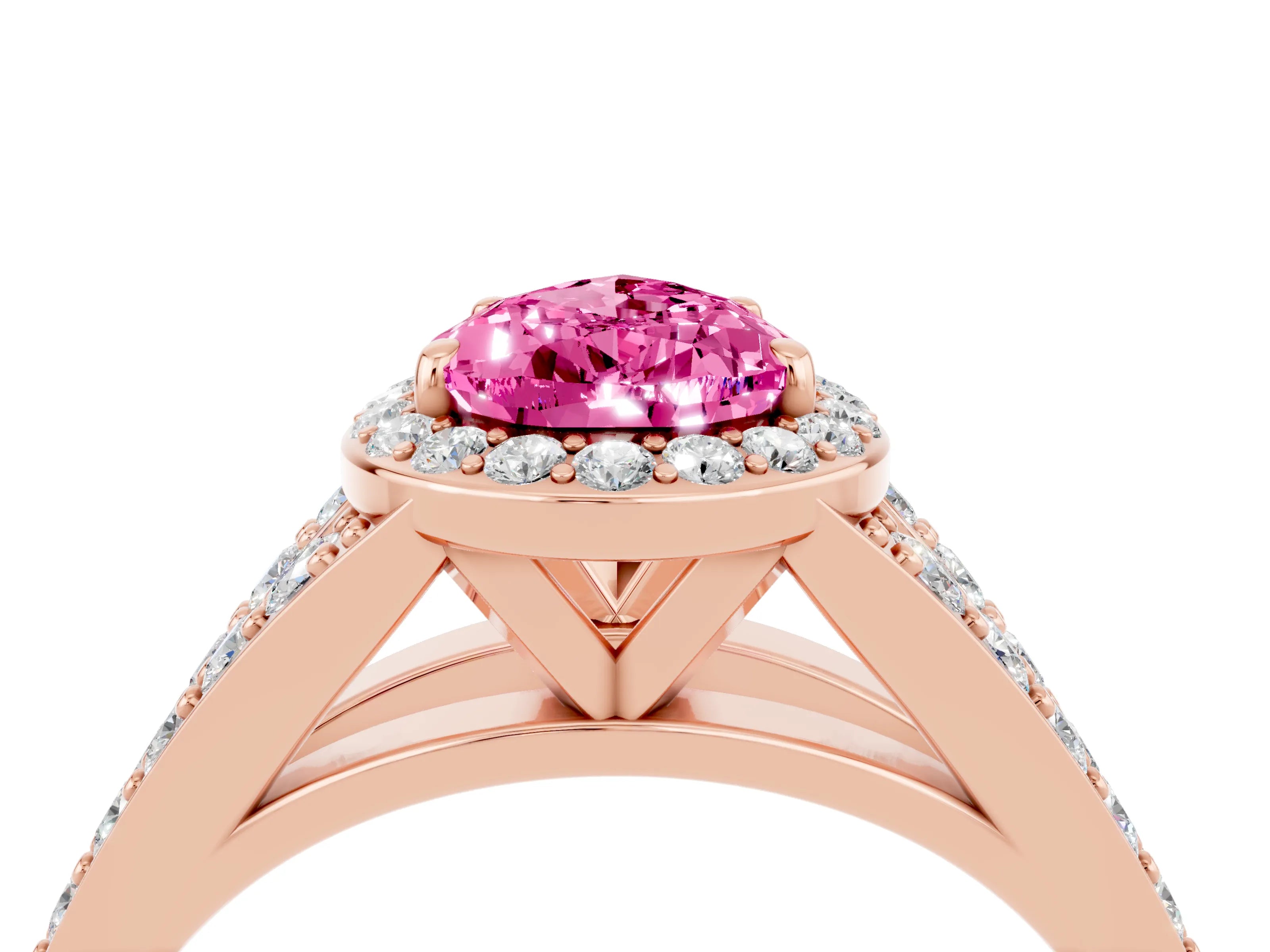 Rose gold Pear Cut Pink Sapphire Split Shank Halo Ring with Four-Prong Setting_16