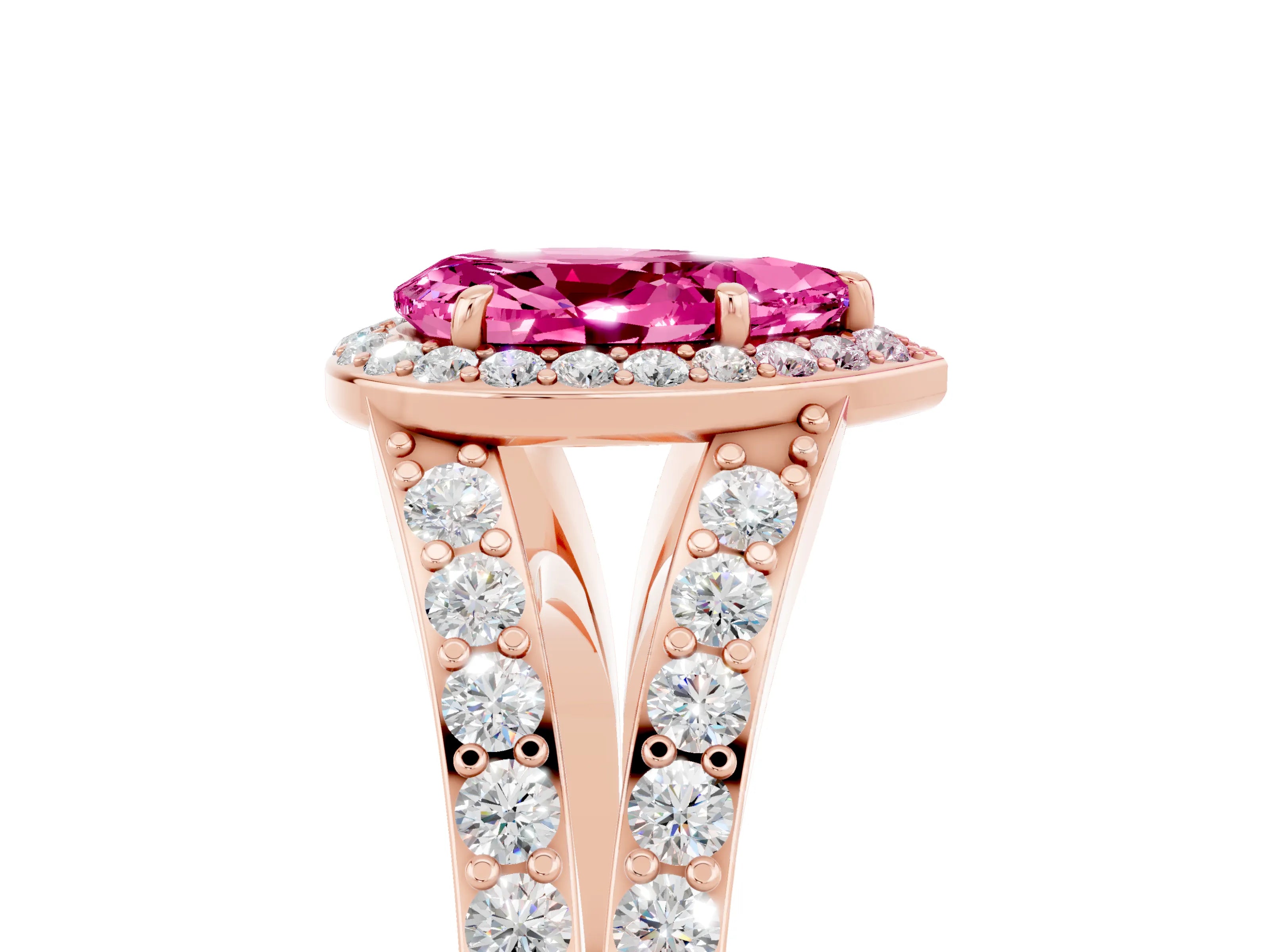 Rose gold Pear Cut Pink Sapphire Split Shank Halo Ring with Four-Prong Setting_17