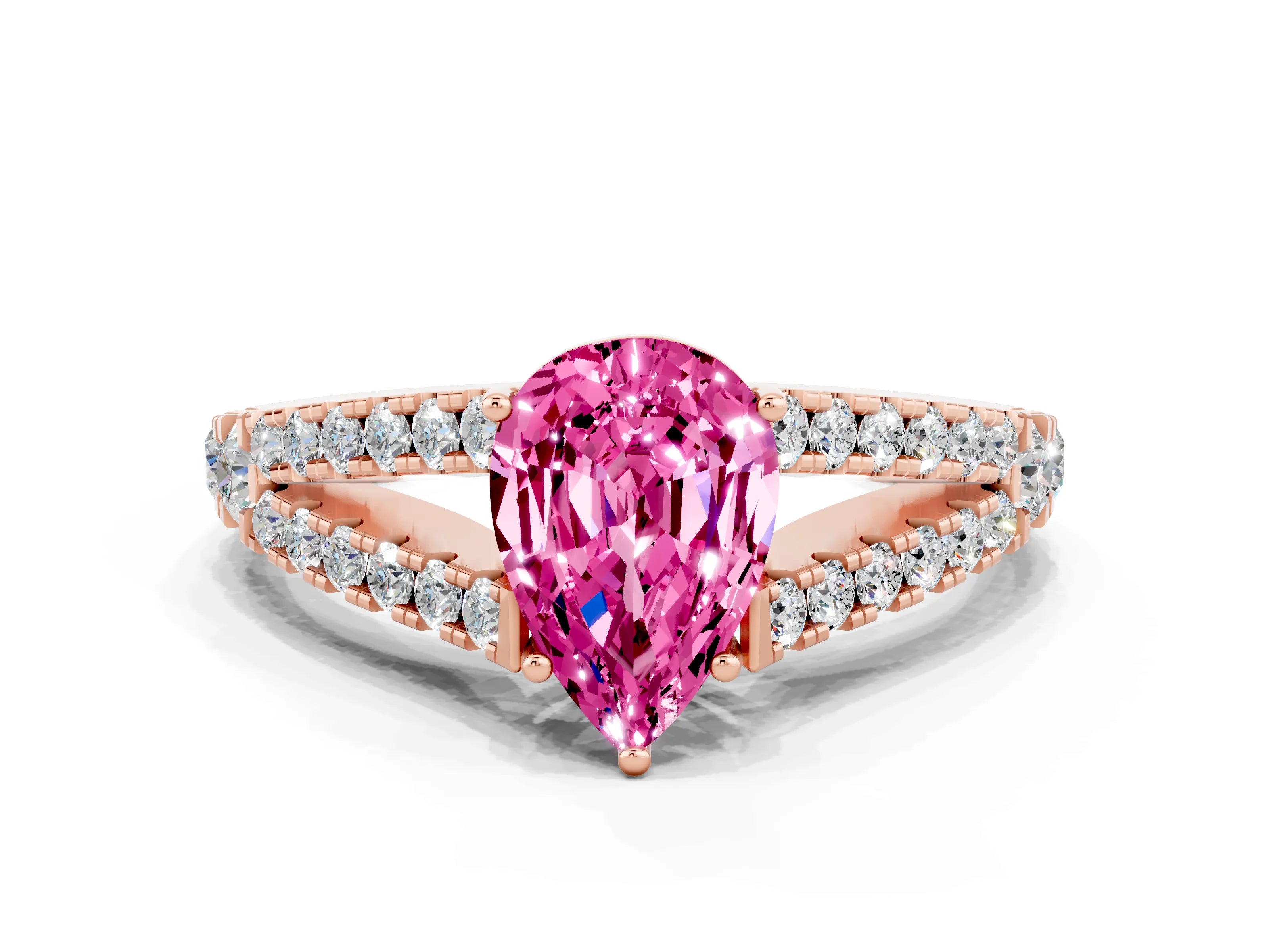 Rose gold Pear Cut Pink Sapphire Split Shank Pavé Engagement Ring with Four-Prong Setting_12