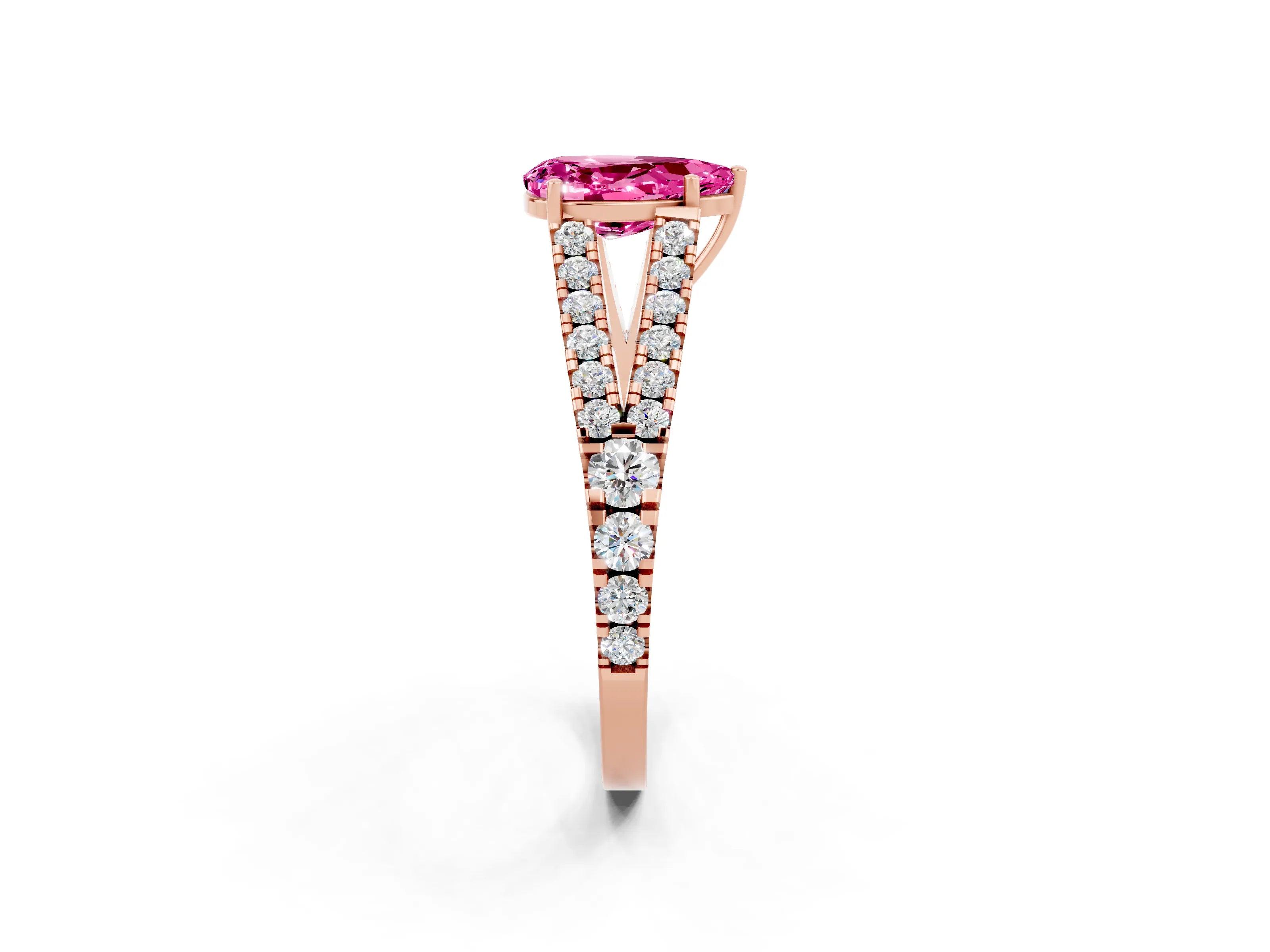 Rose gold Pear Cut Pink Sapphire Split Shank Pavé Engagement Ring with Four-Prong Setting_14