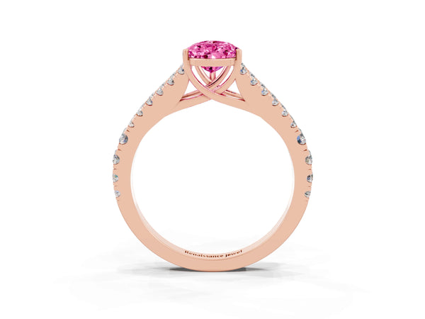 Rose gold Pear Cut Pink Sapphire Split Shank Pavé Engagement Ring with Four-Prong Setting