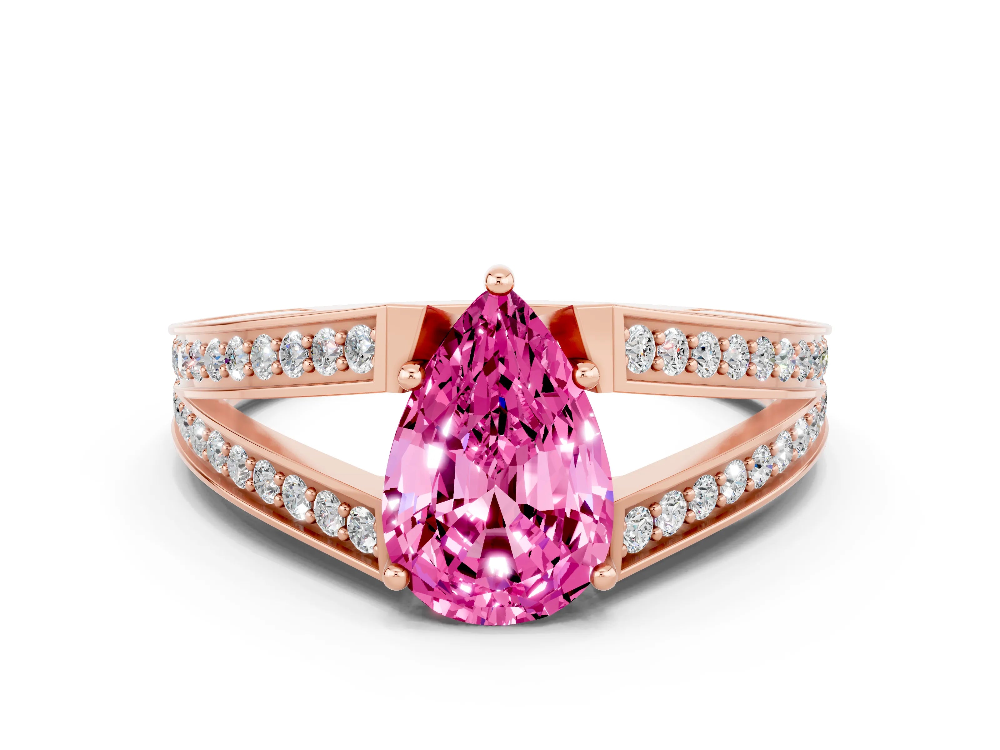 Rose gold Pear Cut Pink Sapphire Split Shank Ring with Pavé Band and Four-Prong Setting