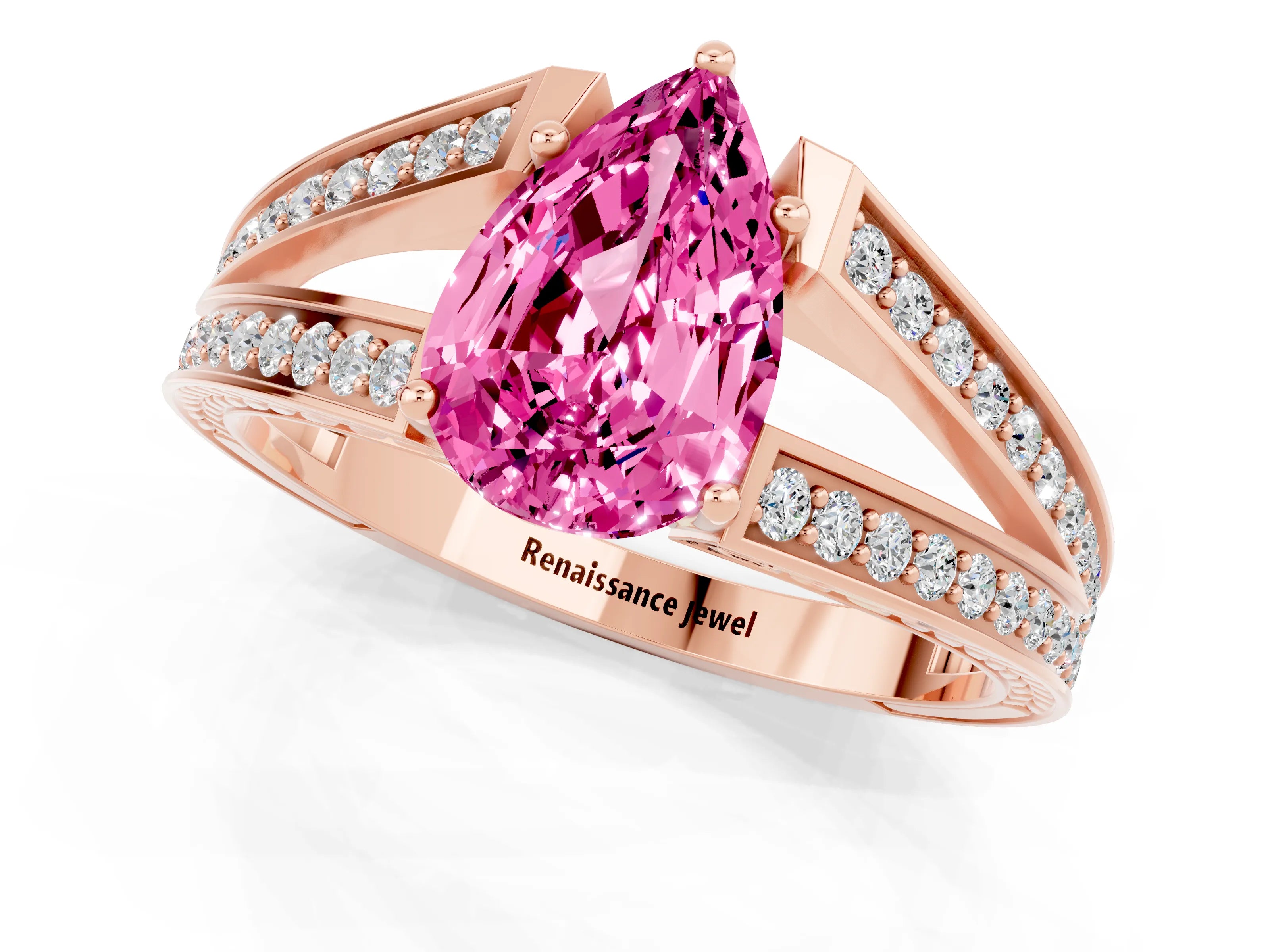 Rose gold Pear Cut Pink Sapphire Split Shank Ring with Pavé Band and Four-Prong Setting_1