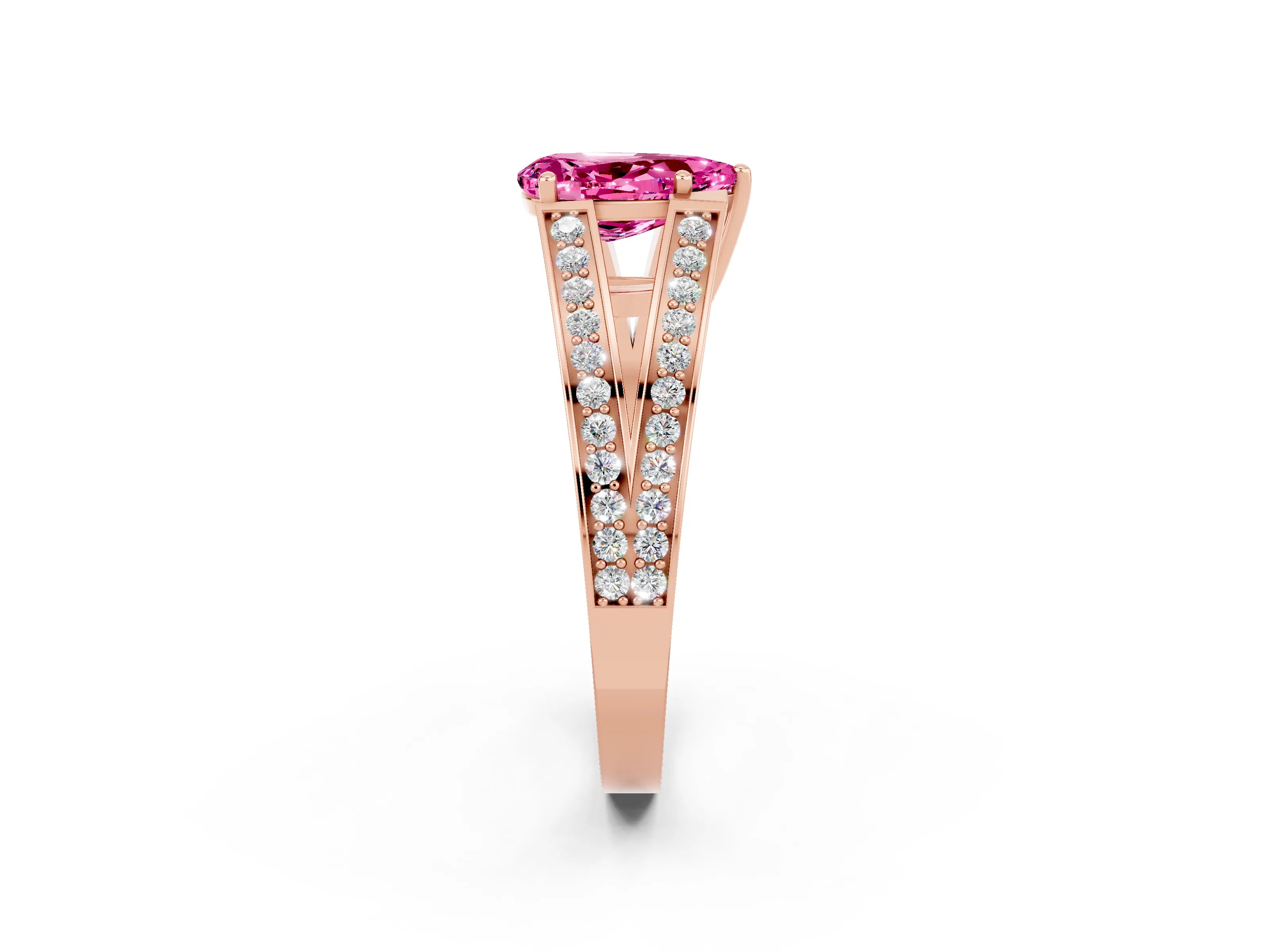 Rose gold Pear Cut Pink Sapphire Split Shank Ring with Pavé Band and Four-Prong Setting_2