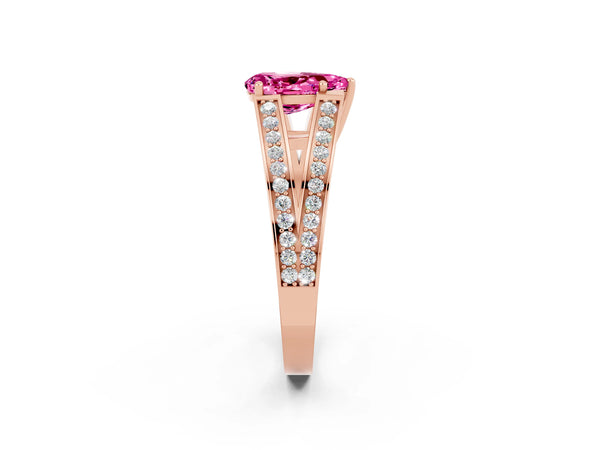 Rose gold Pear Cut Pink Sapphire Split Shank Ring with Pavé Band and Four-Prong Setting