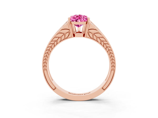 Rose gold Pear Cut Pink Sapphire Split Shank Ring with Pavé Band and Four-Prong Setting