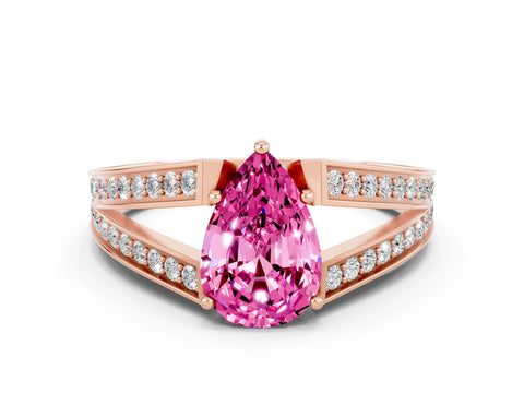 Rose gold Pear Cut Pink Sapphire Split Shank Ring with Pavé Band and Four-Prong Setting
