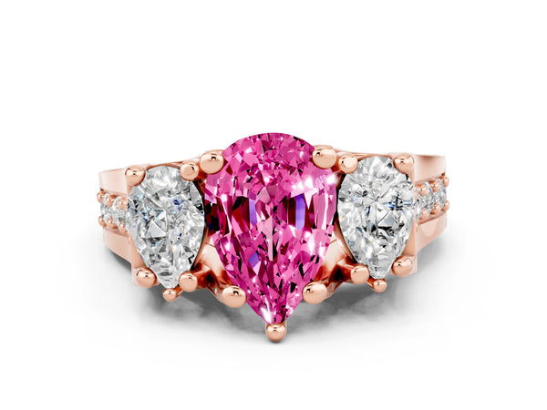 Rose gold Pear Cut Pink Sapphire Three-Stone Ring with Channel Set Band and Four-Prong Setting