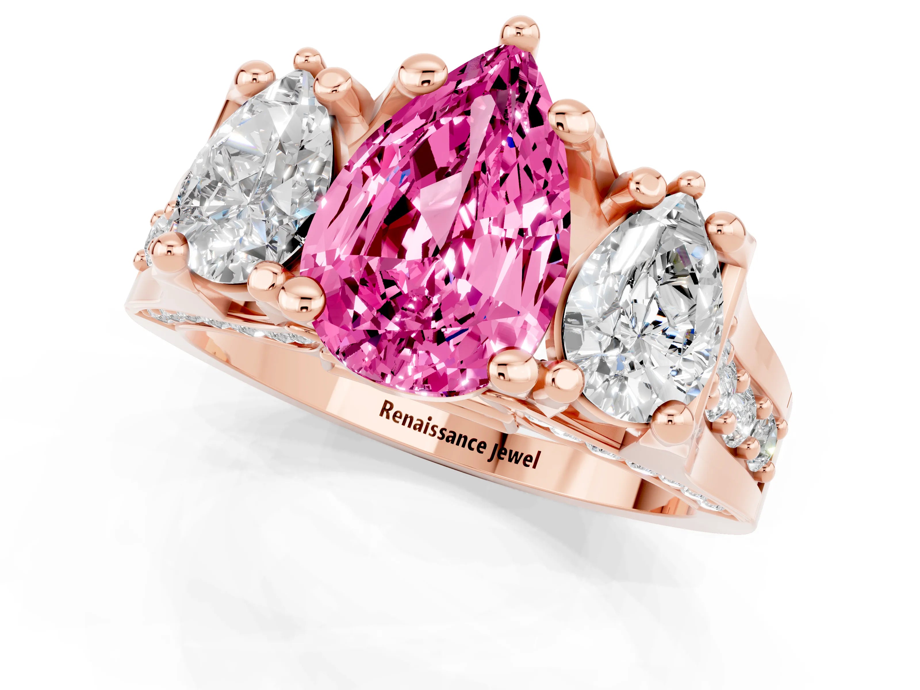 Rose gold Pear Cut Pink Sapphire Three-Stone Ring with Channel Set Band and Four-Prong Setting_1