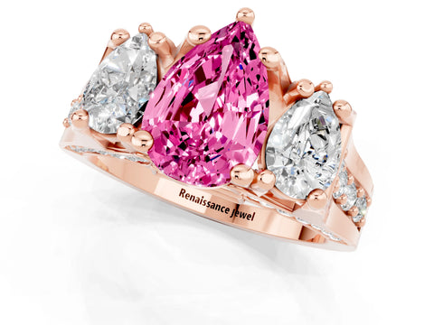 Rose gold Pear Cut Pink Sapphire Three-Stone Ring with Channel Set Band and Four-Prong Setting_1