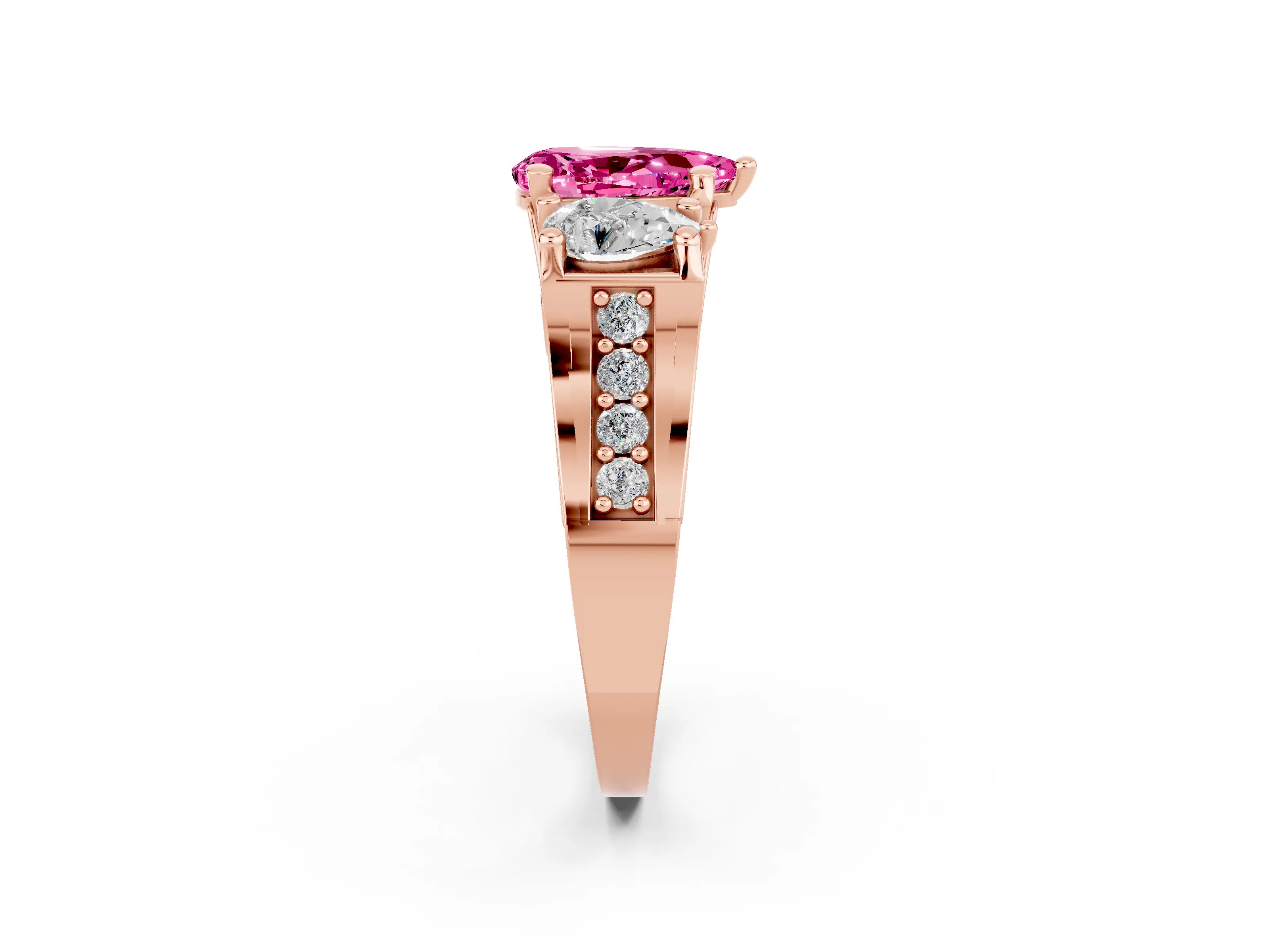 Rose gold Pear Cut Pink Sapphire Three-Stone Ring with Channel Set Band and Four-Prong Setting_2