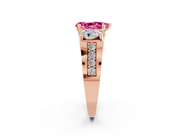 Rose gold Pear Cut Pink Sapphire Three-Stone Ring with Channel Set Band and Four-Prong Setting