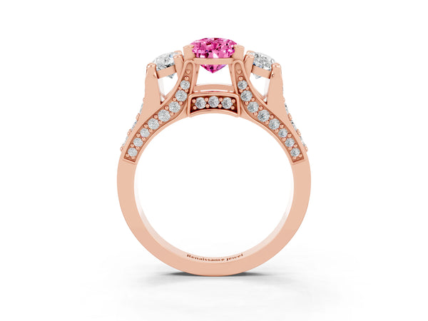Rose gold Pear Cut Pink Sapphire Three-Stone Ring with Channel Set Band and Four-Prong Setting