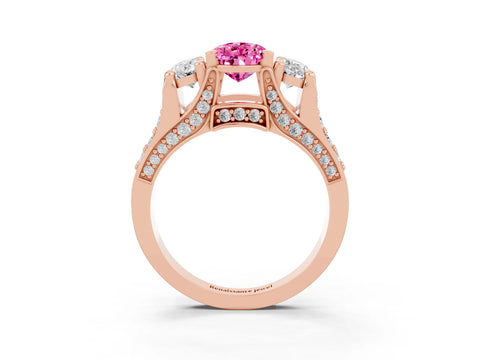 Rose gold Pear Cut Pink Sapphire Three-Stone Ring with Channel Set Band and Four-Prong Setting_3