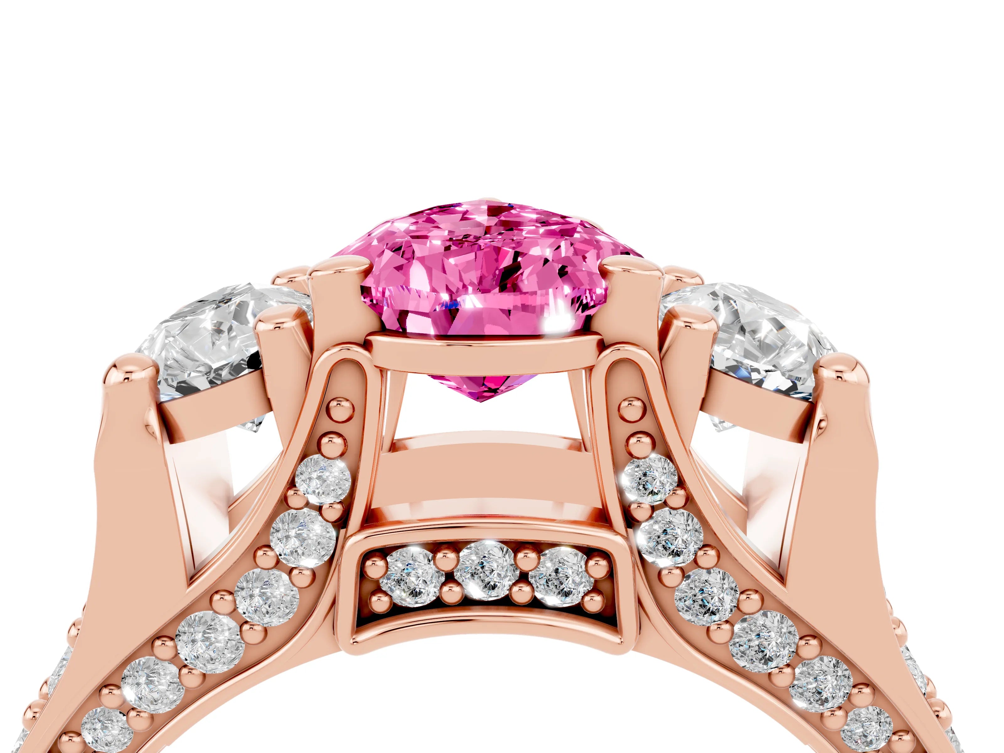 Rose gold Pear Cut Pink Sapphire Three-Stone Ring with Channel Set Band and Four-Prong Setting_4