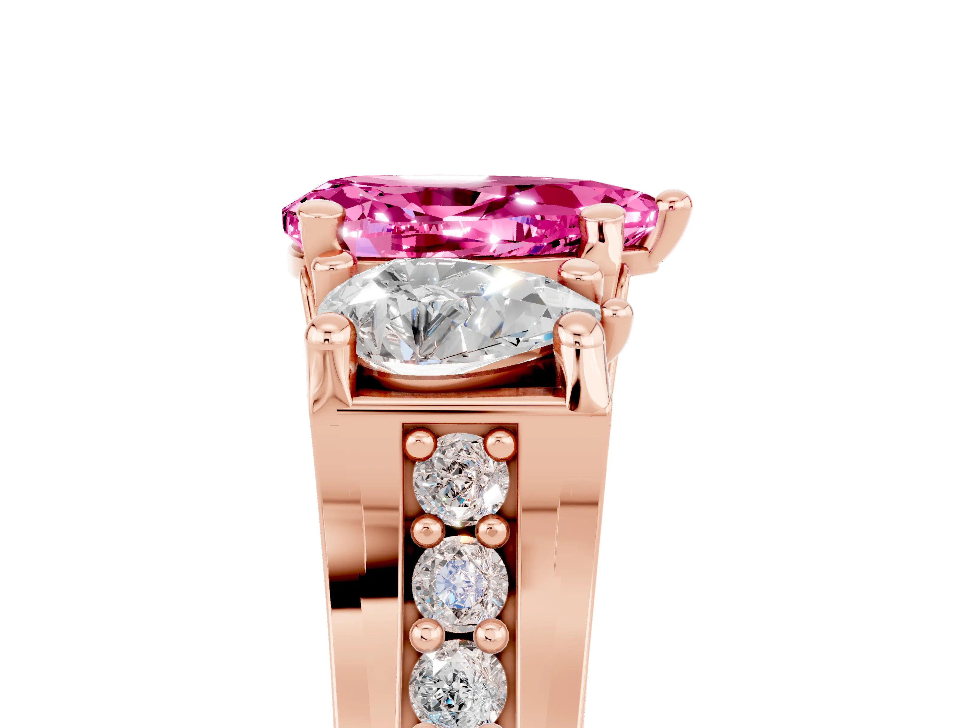 Rose gold Pear Cut Pink Sapphire Three-Stone Ring with Channel Set Band and Four-Prong Setting_5