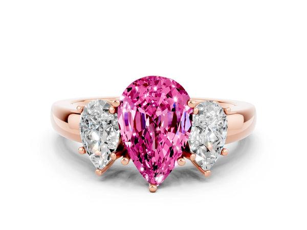 Rose gold Pear Cut Pink Sapphire Three-Stone Ring with Four-Prong Setting and Classic Band