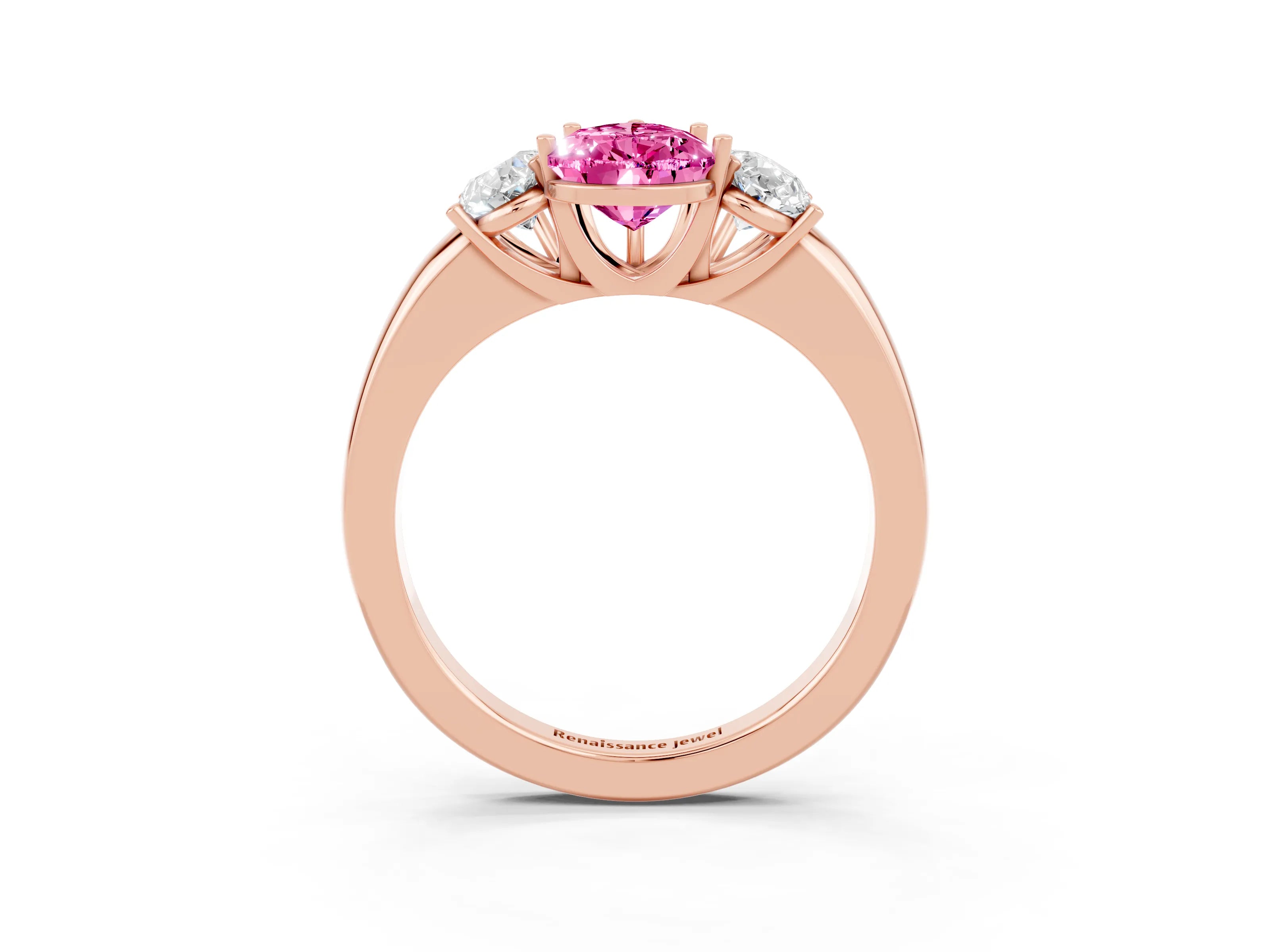 Rose gold Pear Cut Pink Sapphire Three-Stone Ring with Four-Prong Setting and Classic Band_3