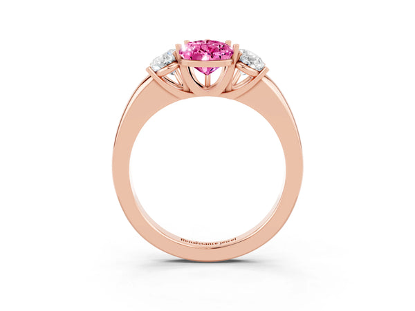 Rose gold Pear Cut Pink Sapphire Three-Stone Ring with Four-Prong Setting and Classic Band