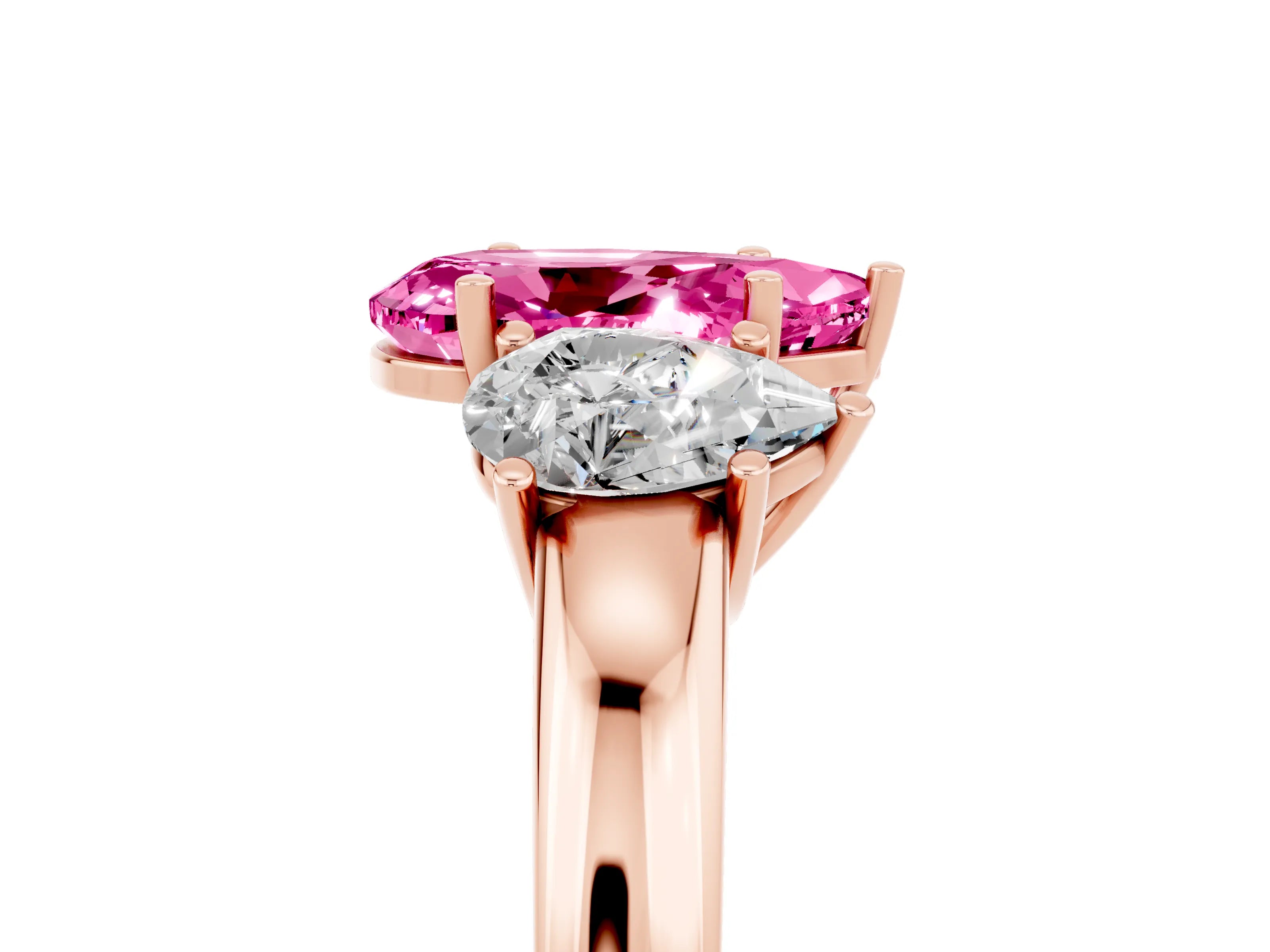 Rose gold Pear Cut Pink Sapphire Three-Stone Ring with Four-Prong Setting and Classic Band_5