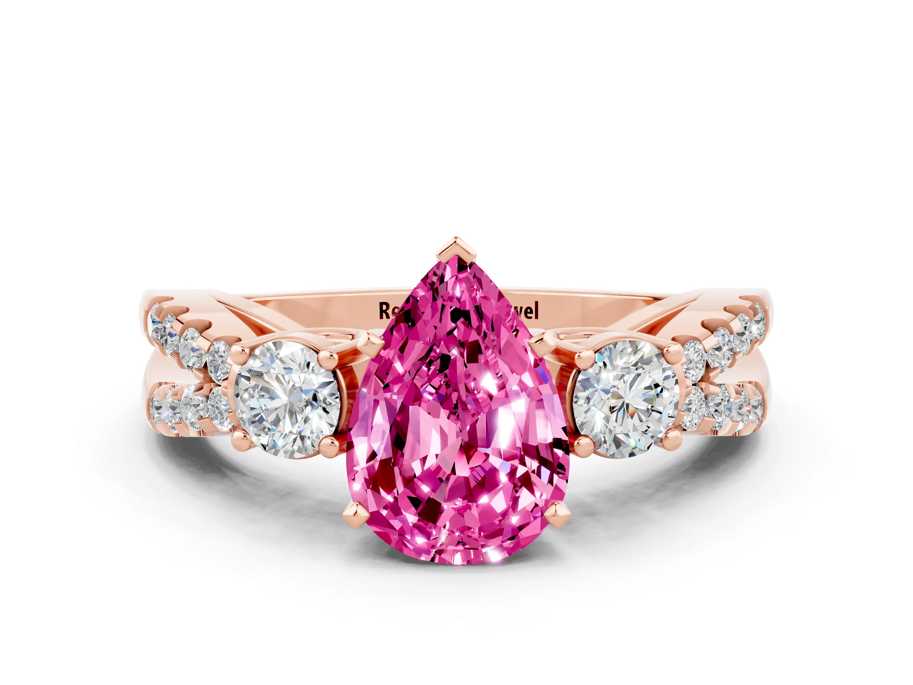 Rose gold Pear Cut Pink Sapphire Three-Stone Ring with Pavé Split Shank and Four-Prong Setting_36