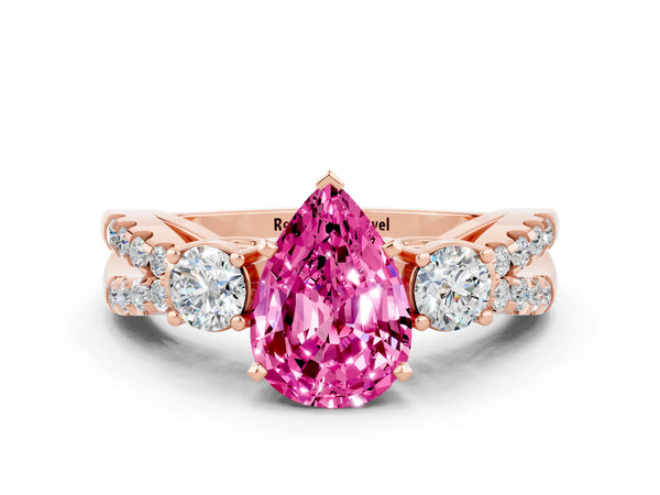 Rose gold Pear Cut Pink Sapphire Three-Stone Ring with Pavé Split Shank and Four-Prong Setting