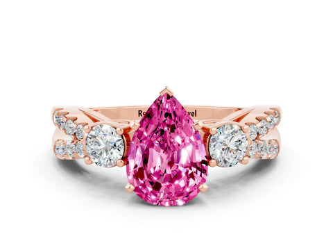 Rose gold Pear Cut Pink Sapphire Three-Stone Ring with Pavé Split Shank and Four-Prong Setting_36