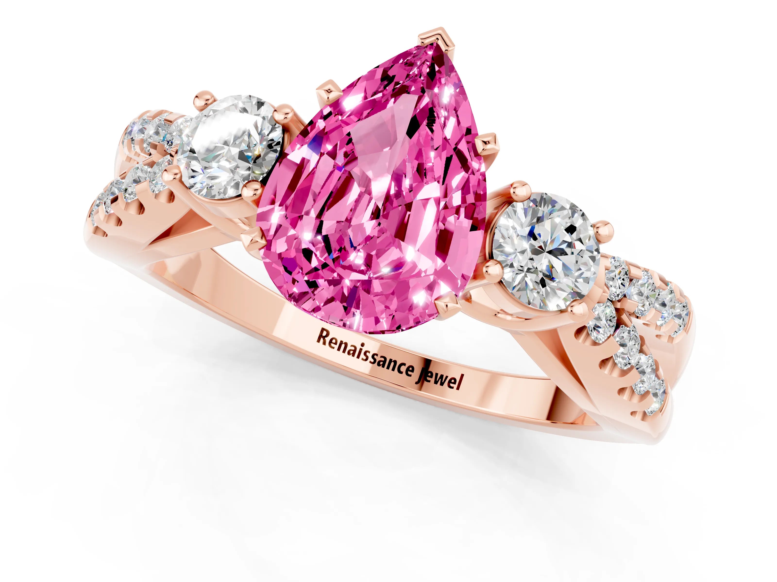 Rose gold Pear Cut Pink Sapphire Three-Stone Ring with Pavé Split Shank and Four-Prong Setting_37
