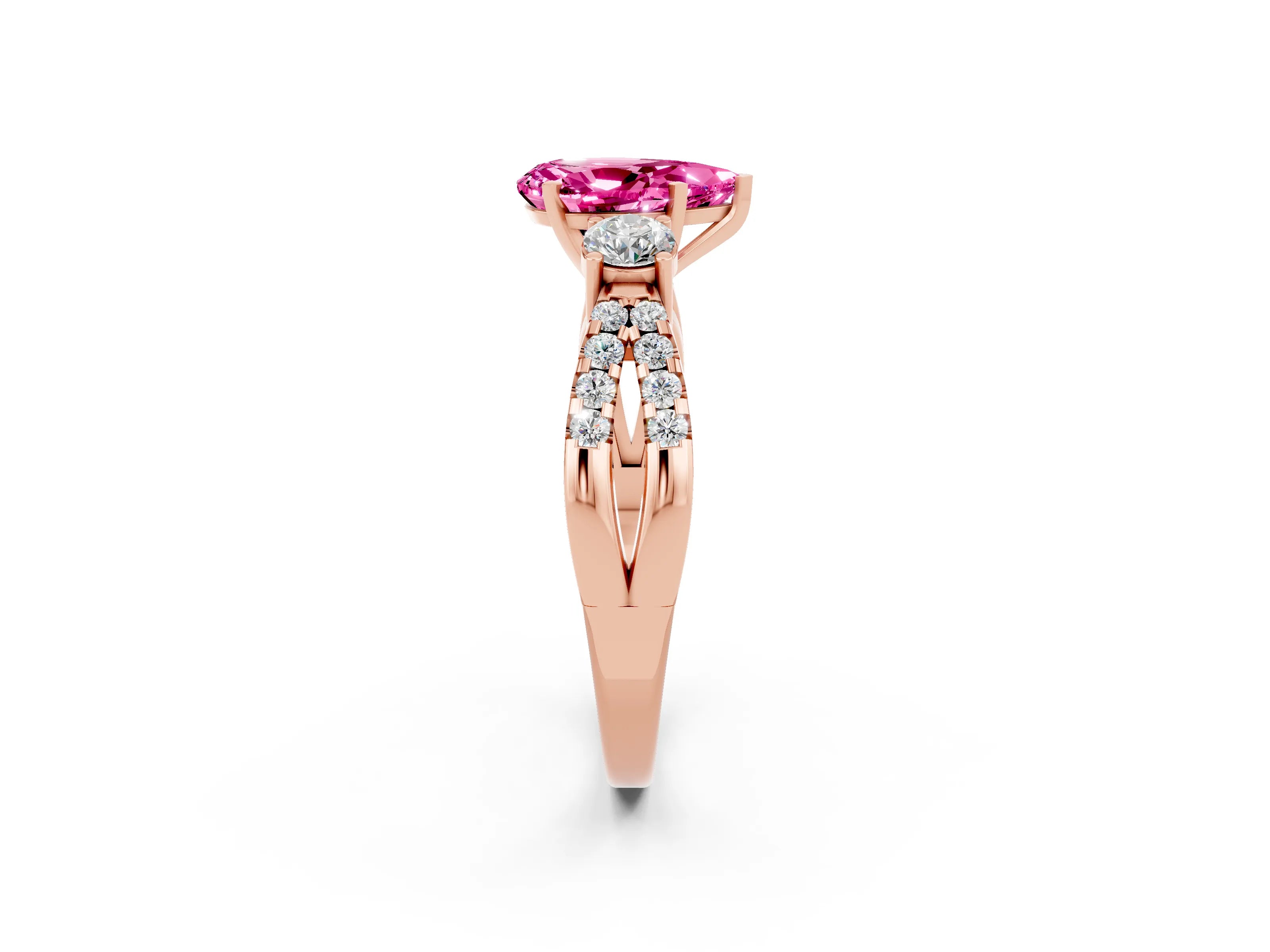 Rose gold Pear Cut Pink Sapphire Three-Stone Ring with Pavé Split Shank and Four-Prong Setting_38