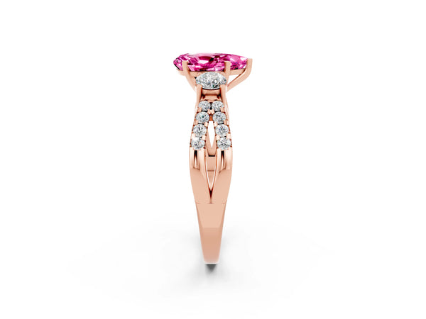 Rose gold Pear Cut Pink Sapphire Three-Stone Ring with Pavé Split Shank and Four-Prong Setting