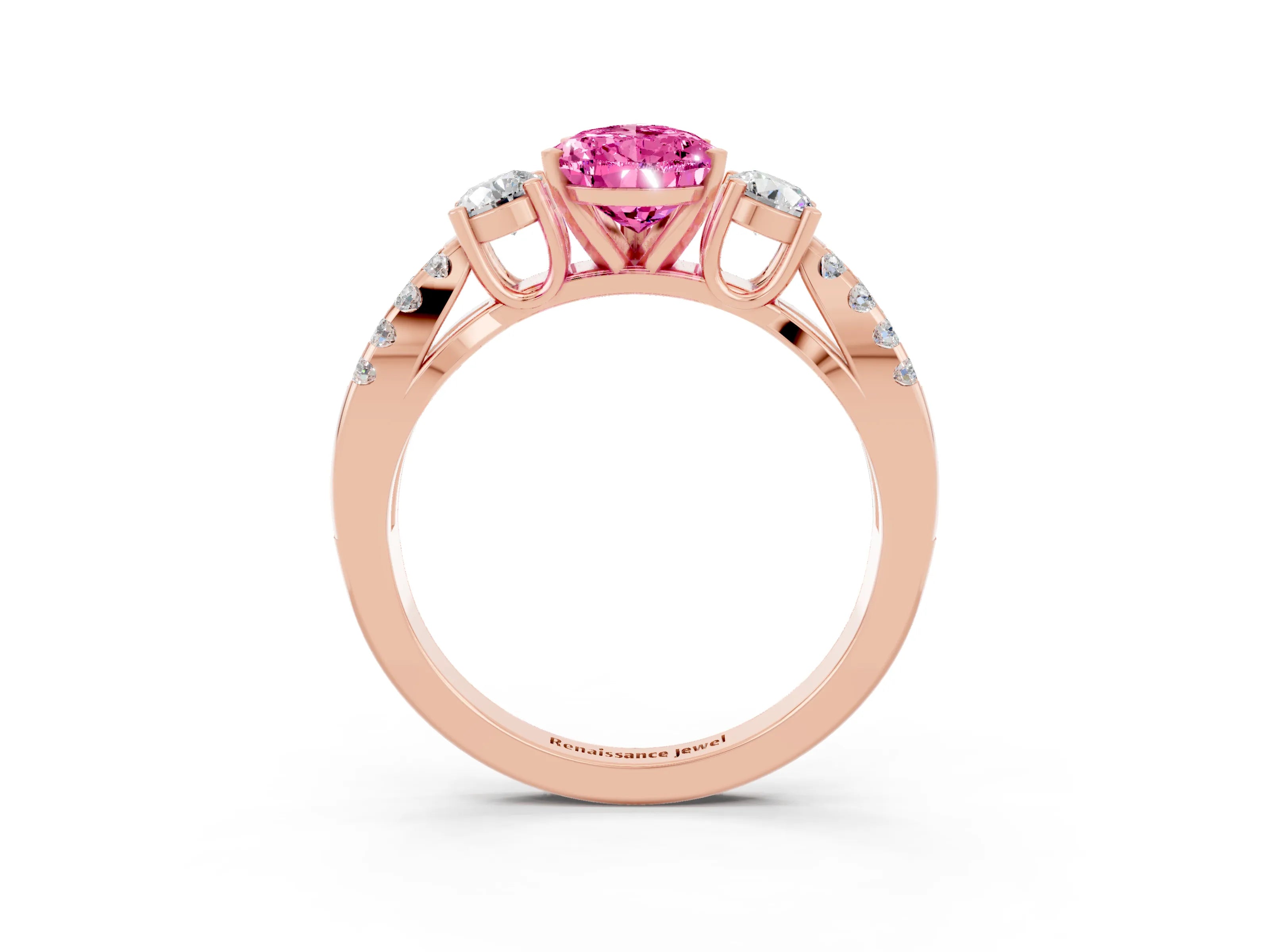 Rose gold Pear Cut Pink Sapphire Three-Stone Ring with Pavé Split Shank and Four-Prong Setting_39