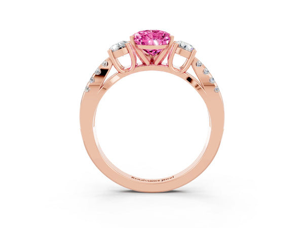 Rose gold Pear Cut Pink Sapphire Three-Stone Ring with Pavé Split Shank and Four-Prong Setting