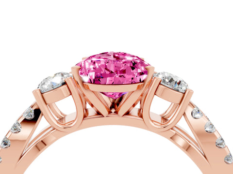 Rose gold Pear Cut Pink Sapphire Three-Stone Ring with Pavé Split Shank and Four-Prong Setting_40