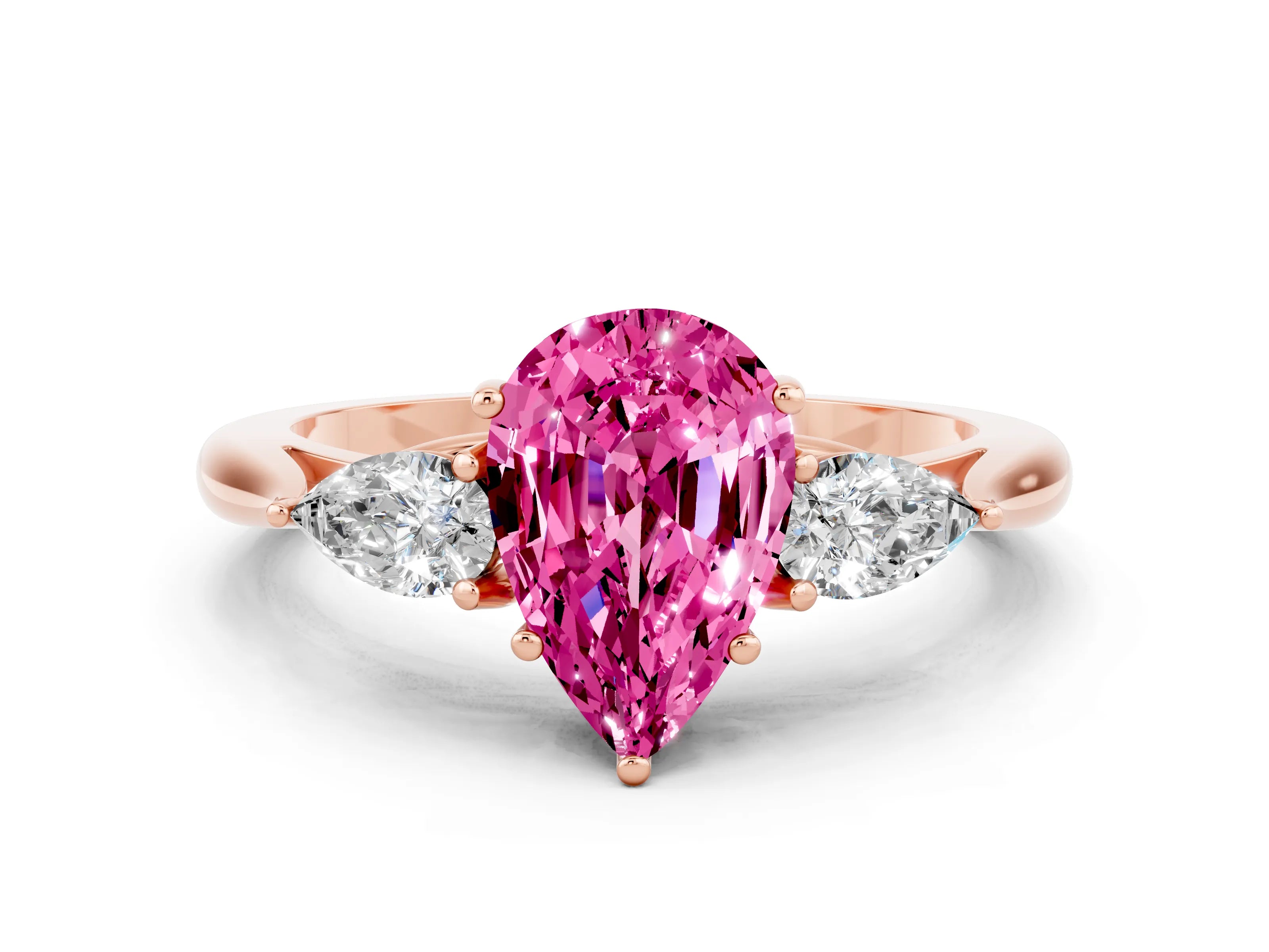 Rose gold Pear Cut Pink Sapphire Three-Stone Ring with Pear Side Stones and Four-Prong Setting_36